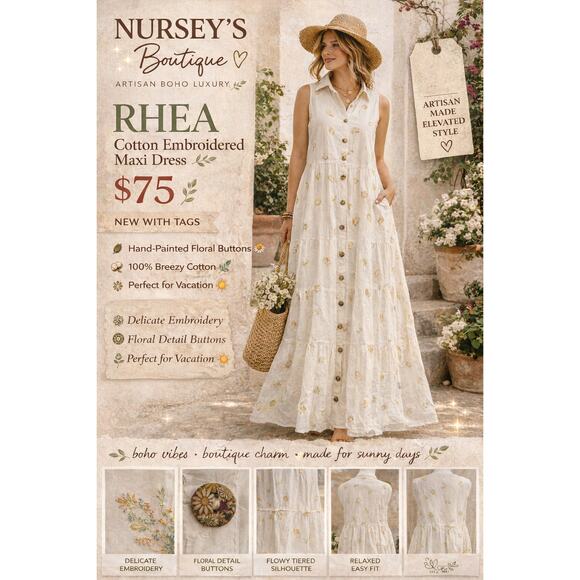 Rhea Dresses & Skirts - Rhea Cotton Embroidered Maxi Dress Floral Buttons Boho Cottagecore NWT